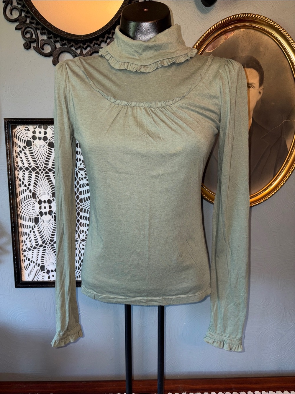 Anthropologie Sage Green Ruffle Mock-Neck Long Sleeve Top